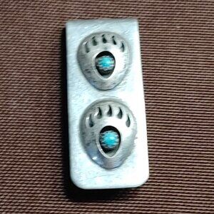 Sterling Silver And Turquoise Navajo Bear Paw Money Clip